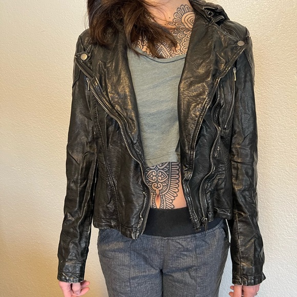 Free People, Vegan leather moto jacket, black, size 4